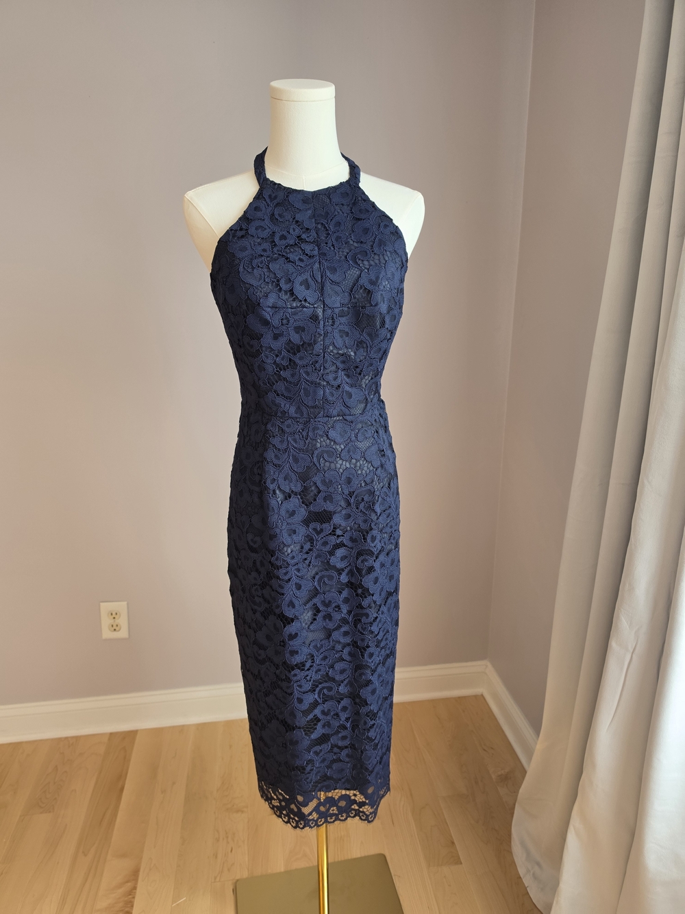 Shoshanna Navy Floral Lace Halter Midi Dress